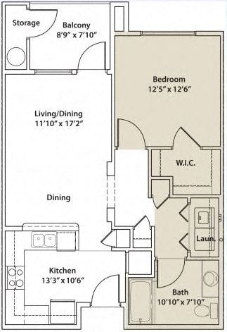 Floor plan for 1 bed, 1 bath, 810 sqft